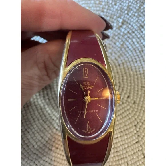 Vintage Women's Nelsonic Antimagnetic Handwind Mechanical Bangle‎ Watch Maroon - Picture 8 of 13